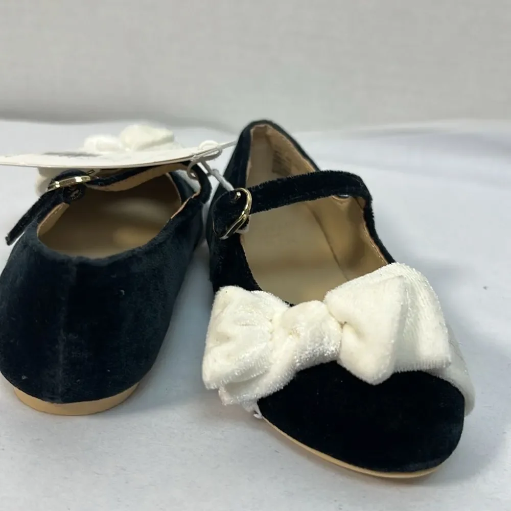 Janie and Jack 100048102 Velvet Bow Ballet Flat Black White Mary Jane NWT